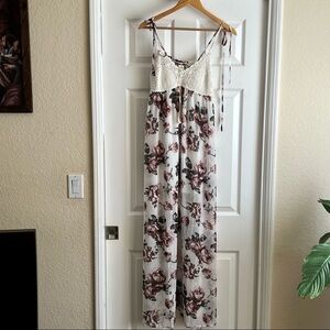 IJOAH Maxi Dress Small Floral Crochet Bodice Tie Strap White Boho D6A2492